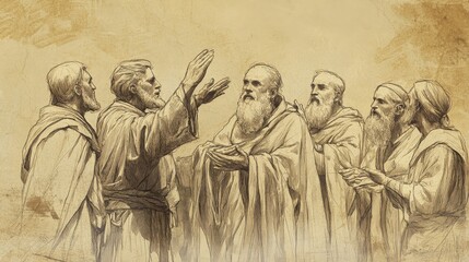 Fototapeta premium Biblical Illustration of Numbers: Moses Blessing the Levites After the Dedication Rites, Captured on a Beige Background, Emphasizing Religious Blessings and Spiritual Leadership