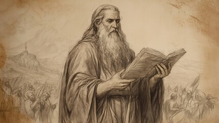 Fototapeta premium Biblical Illustration of Numbers: Moses Setting Up a New Covenant After the Rebellion, Captured on a Beige Background, Emphasizing Leadership and Renewal