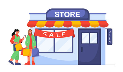 Fototapeta premium Women near store. Young girls with colorful purchases near shop. Shopaholics with bags near market. Discounts and promotions, sales. Flat vector illustration
