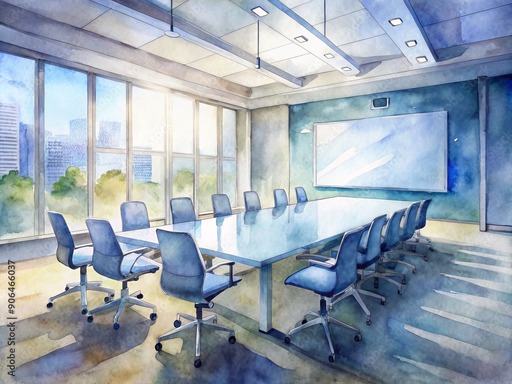 Poster modern meeting room setup with empty white screen on large monitor awaiting virtual connection, surr