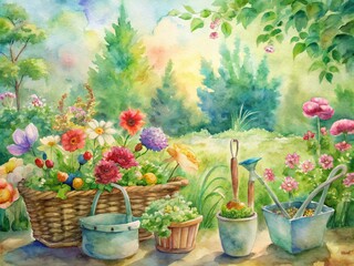 Vibrant flowers and lush greenery surround a neatly arranged gardening station with tools and baskets, conveying a sense of community and learning.