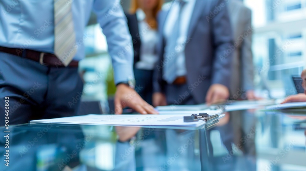 Poster three men are standing around a table with papers and a clipboard