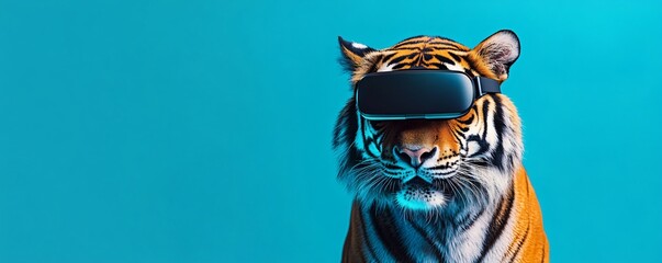 Tiger wearing VR headset on a blue background. Studio photography with copy space. Futuristic technology and virtual reality concept.