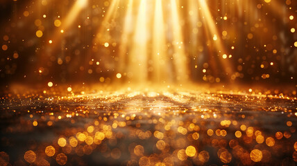 Naklejka premium Golden stage scene with spotlights and bokeh effect decoration