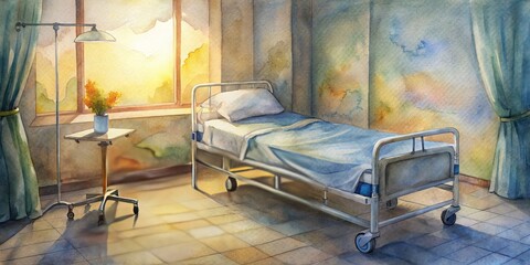 A warm and comforting hospital scene featuring a vacant hospital bed with medical equipment and a bedside table, conveying care and recovery.