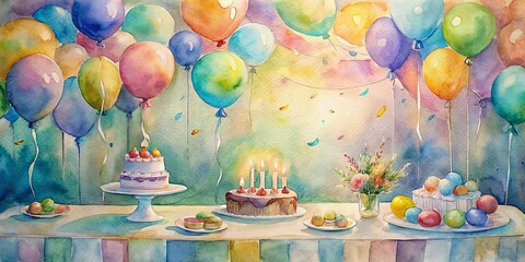 Colorful balloons and a towering cake adorn a festive table setting, capturing the joyful essence of a baby's first birthday celebration sans people.