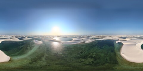 360 aerial photo taken with drone of Lagoa Andorinha in the Lençóis Maranhenses National Park on north coast of Brazil