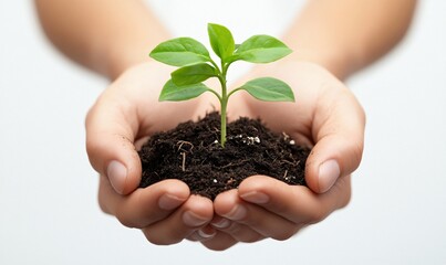 two hands carefully raising a green plant with roots and soil, positioned on the left side of a white background