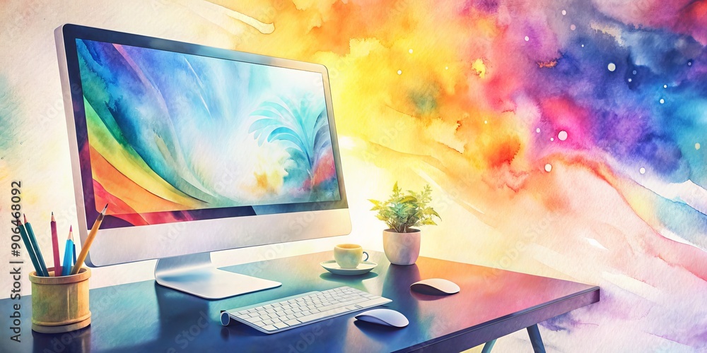 Poster a brightly lit, sleek computer workstation with a large monitor displaying a vibrant graphic design,