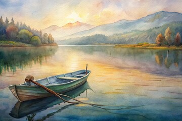 Obraz premium Serenely calm lake scene with empty wooden boat and fishing gear, capturing warm morning light and gentle ripples, evoking feelings of peacefulness and tranquility.