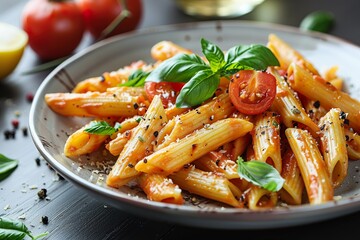 close-up plate of penne with tomato sauce, placed on dark stone countertop