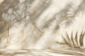 beige  marble wall with golden cracks, sunlight shining on it. Product display background
