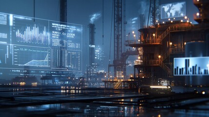 Oil extraction machinery at work, with digital displays showing global financial data and stock market trends related to natural resources