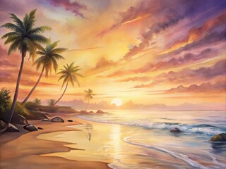 Soft golden light illuminates a tranquil beach at dawn, with gentle waves caressing the shore, and majestic palm trees standing tall against a pinkish sky.