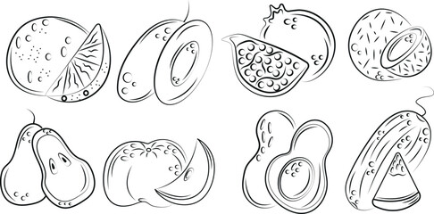 set of various logos of whole fruit and pieces of fruit in abstract style drawn in black outline, vector