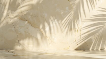 beige  marble wall with golden cracks, sunlight shining on it. Product display background