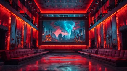 A blank screen cinema movie poster display mockup in a theater lobby.