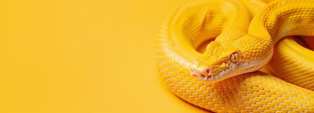 A vibrant yellow snake on a yellow background banner, symbolizing the Python programming language with ample copy space for text.