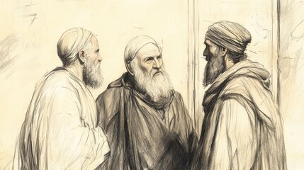 Fototapeta premium Elders at the Gate of the City of Refuge Listening to a Refugee’s Plea, Biblical Illustration from Numbers, Cities of Refuge, Beige Background, Ideal for Religious Education and Worship Materials