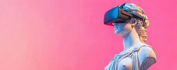 Statue with VR glasses on vibrant pink backdrop. Augmented and virtual reality, VR / AR. Metaverse simulation. Future technology and modern art. Banner, advertisement with copy space