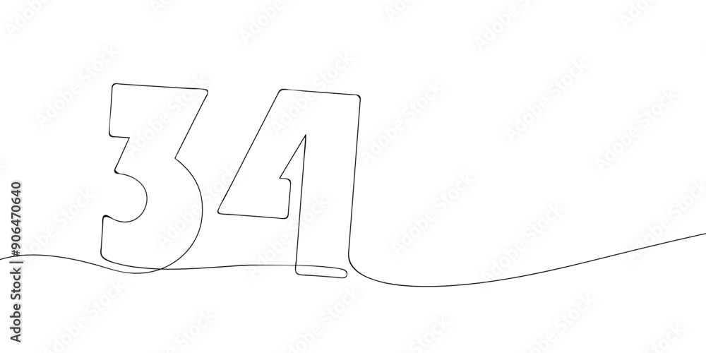 Poster a single line drawing of a thirty four symbol. continuous line thirty fourth number icon. one line i