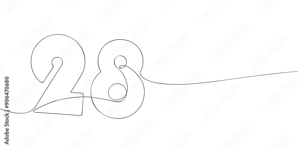 Poster a single line drawing of a twenty eight symbol. continuous line twenty eighth number icon. one line 