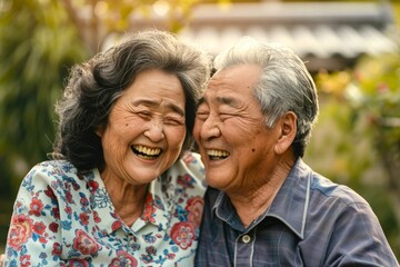 Portrait of a happy Asian senior couple in their home garden, symbolizing an elderly lifestyle.