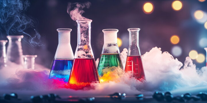 Vibrant chemical solutions in laboratory glassware with smoke effect, scientific experiment setup for research, education and magical potion concept