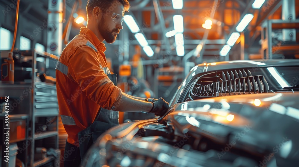 Aufkleber An engineer picked up a car radiator and checking in a delicate workshop. Generative AI.