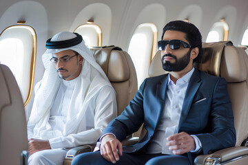 Arab businessmen traveling on private jet.