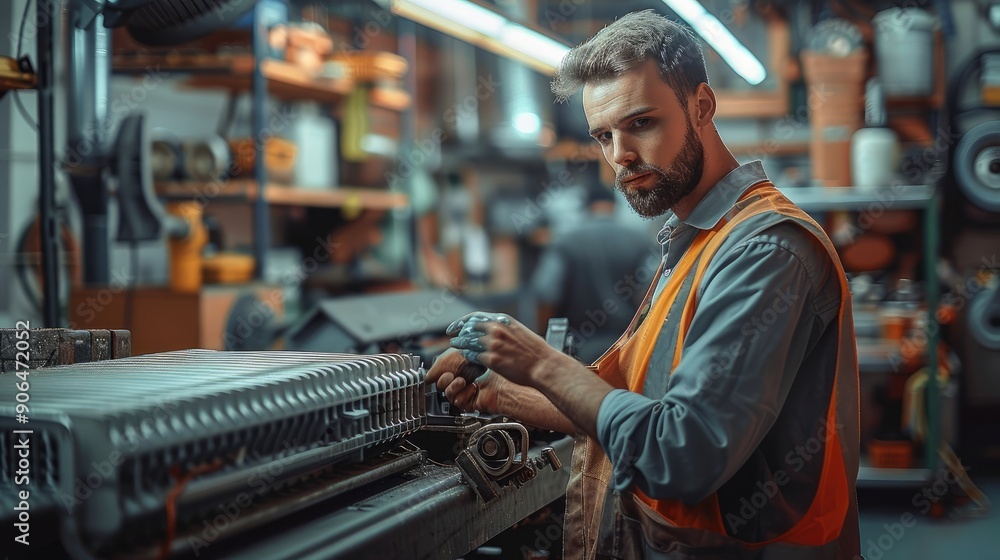 Aufkleber An engineer picked up a car radiator and checking in a delicate workshop. Generative AI.