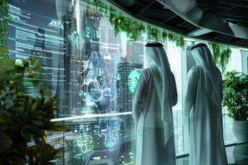 Back view of two arab businessmen wearing traditional Kandora white dresses standing against virtual glass screen looking at hologram project in futuristic office.