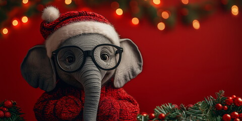 An elephant in a Santa hat and glasses, dressed in a red sweater, festive red background. Happy New Year and Christmas concept, banner with copy space