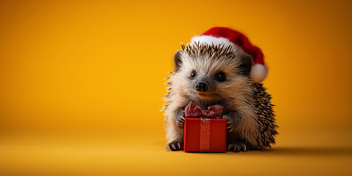 A hedgehog in a Santa hat holds a small red gift box against a yellow background. Happy New Year and Christmas concept, banner with copy space