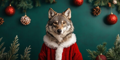 Wolf in a Santa suit surrounded by Christmas decorations and pine branches, against a green background. Christmas cute character. Winter holidays concept. Christmas and New Year greeting card
