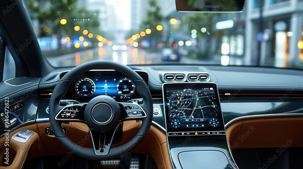 Aufkleber A modern car interior with a device prominently displayed on the dashboard. The display shows real-time connectivity status and communication performance. Generative AI.