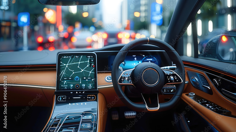 Poster A modern car interior with a device prominently displayed on the dashboard. The display shows real-time connectivity status and communication performance. Generative AI.