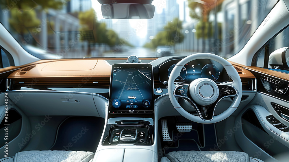 Aufkleber A modern car interior with a device prominently displayed on the dashboard. The display shows real-time connectivity status and communication performance. Generative AI.