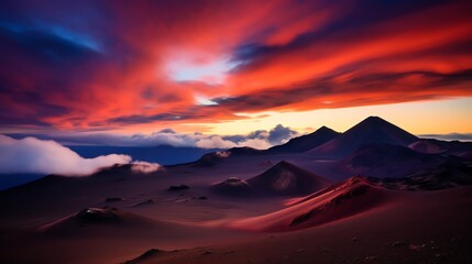 Breathtaking sunset over rugged mountain peaks with vibrant clouds in a dramatic sky, casting colorful shadows on the landscape below.