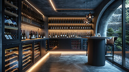 A wine cellar in a modern home. Generative AI.