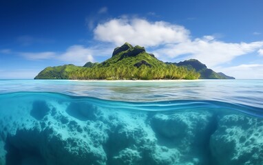 Fototapeta premium Scenic view of tropical island with lush greenery and clear blue waters, showcasing underwater marine life under a sunny sky.