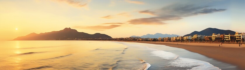 Stunning sunset view of a beach with mountains in the background, calm waves lapping at the shore, and serene sky accented by clouds.