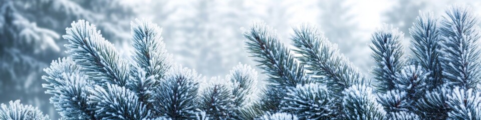 Fototapeta premium Serene Winter Forest Scene: Snow-Covered Spruce Branches in Frosty Wonderland. Enchanting Christmas Atmosphere and Seasonal Transformation. Pristine Natural Beauty for Holiday Marketing, Festive Adve