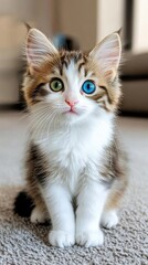 Fototapeta premium Adorable kitten with mismatched eyes playing joyfully in a cozy living room, evoking feelings of warmth and happiness