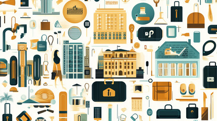 Assorted Travel And City Icons With Buildings Luggage And Travel Accessories