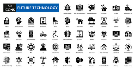 Future Technology glyph icon collection set. Includes future, technology, tech, digital, innovation, futuristic, network, internet