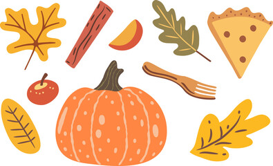 Pumpkin, pie and cinnamon stick, collection of hand drawn doodle illustrations