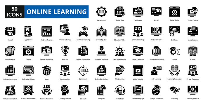 Online Learning glyph icon collection set. Includes wisdom, illumination, knowledge, instruction, course, information, accomplishment, education