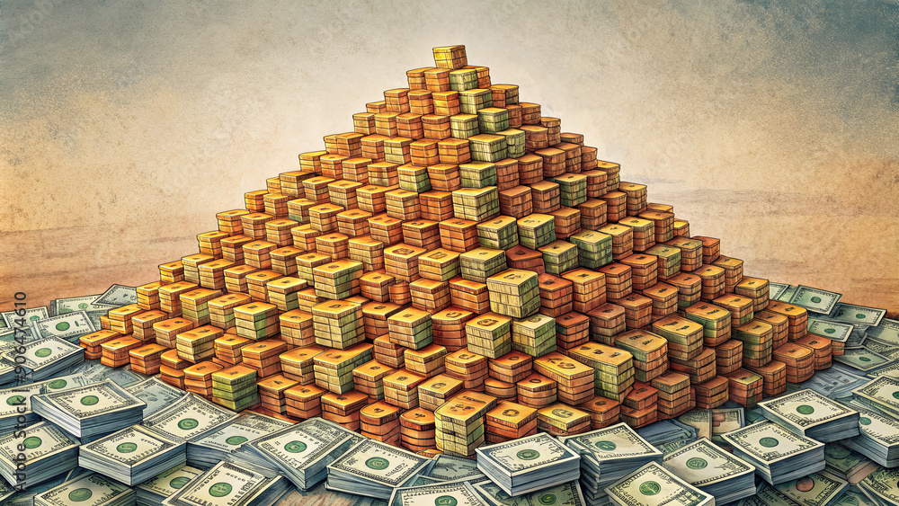Poster stacks of neatly arranged currency create a visually striking pyramid shape, illustrating the concep