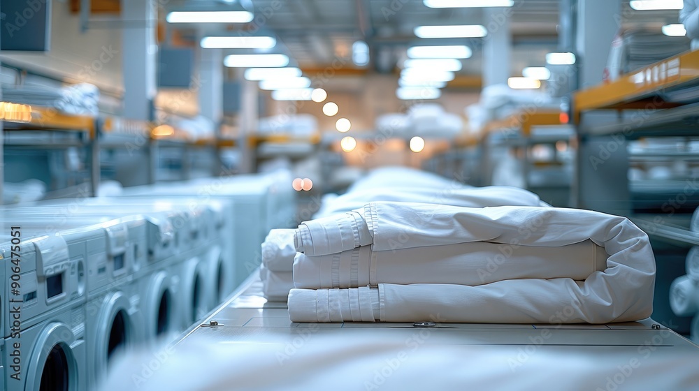 Poster a high-capacity laundry machine in use, with a background of an organized industrial facility, large